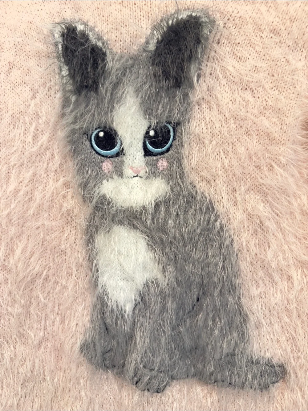 H&M Baby Pink Color Sweater with Gray & White Cat Applique. Size 8-10 Y.